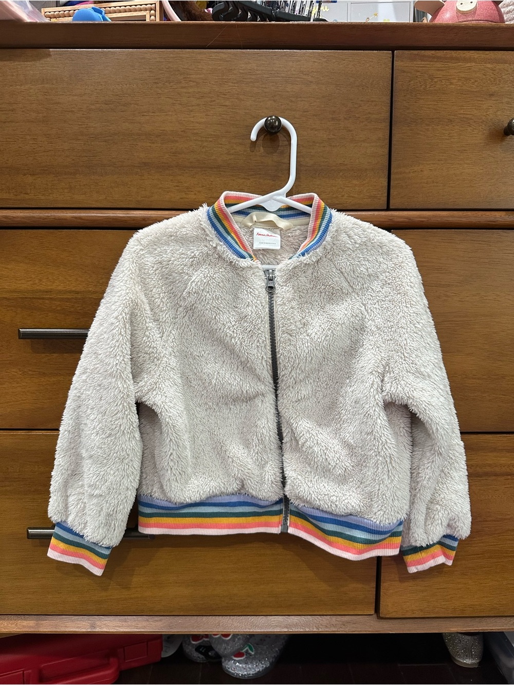 Hanna Andersson Cream Sherpa Jacket with Rainbow Ribbed Trim